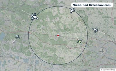 Mapa okolic miasta z sylwetkami samolotów — Niebo nad Krzeszowicami